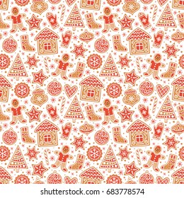 Winter seamless patterns with gingerbread cookies. Awesome holiday vector background. Christmas repeating texture for surface design, wallpapers, fabrics, wrapping paper etc.