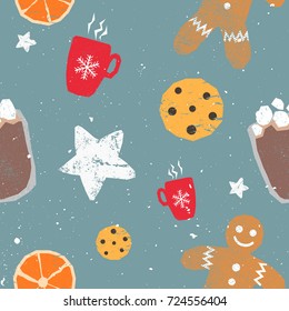 Winter seamless patterns with gingerbread cookies, cacao, star, orange. Awesome holiday vector background. Christmas repeating texture for surface design, wallpapers, fabrics, wrapping paper etc.