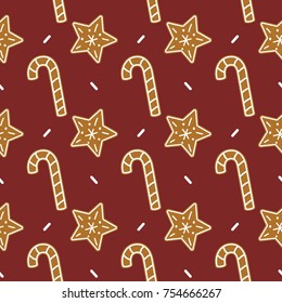 Winter seamless patterns with gingerbread cookies on red background. Holiday vector christmas ornament for wrapping paper, fabric.