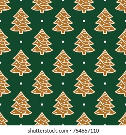 Winter seamless patterns with gingerbread cookies on green background. Holiday vector christmas ornament for wrapping paper, fabric.