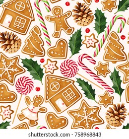 Winter seamless patterns with gingerbread cookies