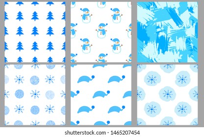 Winter seamless patterns. Merry Christmas and New Year holidays backgrounds. Vector illustration.