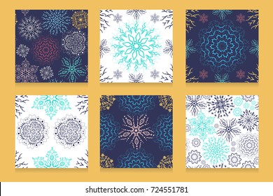 Winter seamless patterns set with colorful snowflakes on white and dark background. Textures ideal for Christmas or New year decorations, wrapping paper, wallpapers, packaging.