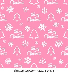 El invierno combina un diseño rosa sin fisuras con abetos blancos, copos de nieve y texto Feliz Navidad. Textura de vacaciones repetidas infinitas para imprimir en el paquete, envoltura, tela, sobre, tarjeta o tela.