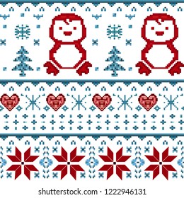 Winter seamless pixel pattern. Pastiche Scandinavian embroidery ornament. Knitted Christmas ornament.