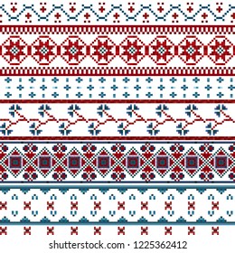 Winter seamless pixel pattern. Pastiche Scandinavian embroidery ornament. Knitted Christmas ornament.