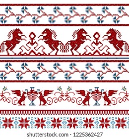 Winter seamless pixel pattern. Pastiche Scandinavian embroidery ornament. Knitted Christmas ornament with horses 