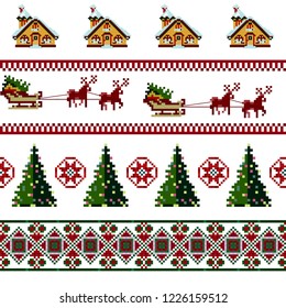 Winter seamless pixel pattern. Pastiche Scandinavian embroidery ornament. Knitted Christmas ornament with Santa Claus, Christmas tree, deer, house