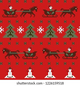 Winter seamless pixel pattern. Pastiche Scandinavian embroidery ornament. Knitted Christmas ornament with Santa Claus, Christmas tree, horses