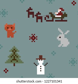 Winter seamless pixel pattern. Pastiche Knitted Christmas figures with Santa Claus, Christmas trees, deers, houses, pig, rabbit