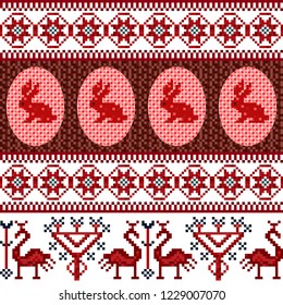 Winter seamless pixel pattern. Pastiche Scandinavian embroidery ornament. Knitted Christmas and Easter ornament with bunny and birds