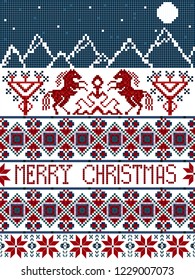 Winter seamless pixel pattern. Pastiche Scandinavian embroidery ornament. Knitted Christmas ornament with horses, moon, mountains, stars