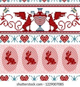 Winter seamless pixel pattern. Pastiche Scandinavian embroidery ornament. Knitted Christmas ornament with Easter eggs, bunny