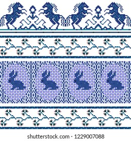 Winter seamless pixel pattern. Pastiche Scandinavian embroidery ornament. Knitted Christmas and Easter ornament with bunny and horses