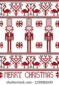 Winter seamless pixel pattern. Pastiche Scandinavian embroidery ornament. Knitted Christmas ornament with soldiers, birds, snow