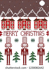 Winter seamless pixel pattern. Pastiche Scandinavian embroidery ornament. Knitted Christmas ornament with soldiers, moon, mountains, stars, houses