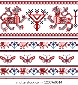 Winter seamless pixel pattern. Pastiche Scandinavian embroidery ornament. Knitted Christmas ornament with butterfly and dragon