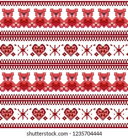 Winter seamless pixel pattern. Pastiche Scandinavian embroidery ornament. Valentines Day ornament with teddy bear, hearts
