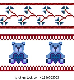 Winter seamless pixel pattern. Pastiche Scandinavian embroidery ornament. Knitted Christmas and Valentines Day ornament with teddy bear, hearts, flowers