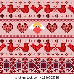 Winter seamless pixel pattern. Pastiche Scandinavian embroidery ornament. Knitted Christmas and Valentines Day ornament with angels, hearts, birds