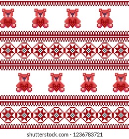 Winter seamless pixel pattern. Pastiche Scandinavian embroidery ornament. Knitted Christmas and Valentines Day ornament with teddy bear, hearts