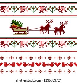 Winter seamless pixel pattern. Pastiche Scandinavian embroidery ornament. Knitted Christmas ornament with Santa Clausö, hearts, birds, deer