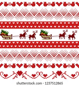 Winter seamless pixel pattern. Pastiche Scandinavian embroidery ornament. Knitted Christmas ornament with Santa Claus, hearts, birds, deer