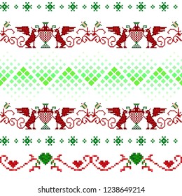 Winter seamless pixel pattern. Pastiche Scandinavian embroidery ornament. Knitted Christmas and Valentines Day ornament with dragons, hearts