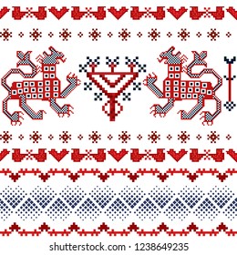 Winter seamless pixel pattern. Pastiche Scandinavian embroidery ornament. Knitted Christmas and Valentines Day ornament with birds hearts, dragon