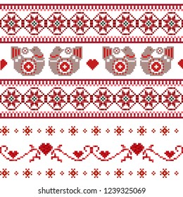 Winter seamless pixel pattern. Pastiche Scandinavian embroidery ornament. Knitted Christmas and Valentines Day ornament with birds hearts, birds