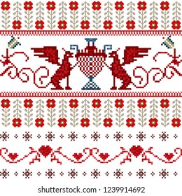 Winter seamless pixel pattern. Pastiche Scandinavian embroidery ornament. Knitted Christmas and Valentines Day ornament with dragons, hearts, flowers