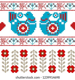 Winter seamless pixel pattern. Pastiche Scandinavian embroidery ornament. Knitted Christmas and Valentines Day ornament with birds, hearts, flowers