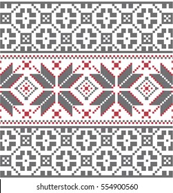 Winter seamless pixel pattern. Pastiche Scandinavian embroidery ornament. Knitted Christmas ornament.