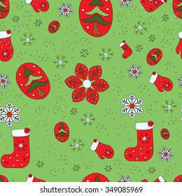 Winter seamless red and green vector pattern, New Year seasonal holiday background
