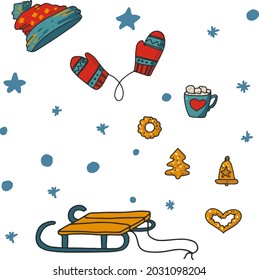 El invierno se monta sin costuras con mitones en una cuerda, sombrero de invierno, trineos. Juegos de invierno con bolas de nieve. Dibujo de mano tierno para afiches, cartas, camisetas.
