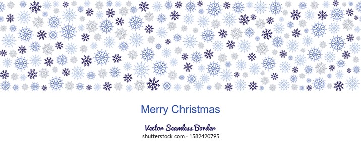 Winter seamless snowflake border isolated horizontally on white background. Xmas and Happy New Year season design for greeting card, header, banner, poster, greeting card, wallpaper or backdrop décor.