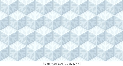 Winter seamless vector 3D pattern with blue snowflakes and optical illusions. Christmas illustration for wrapping, cards, fabric, packing. 3D geometric design. Modern wallpapers.