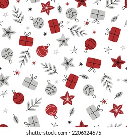 Dibujo vectorial sin fisuras de invierno con regalos de Navidad, bolas, copos de nieve. Parte de la colección de antecedentes de Navidad. Se puede usar para papel de pared, patrones de relleno, textura superficial, impresiones de tela.