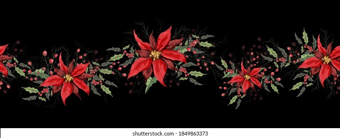 Winter nahtlose Vektorgrafik, Blumendekor, Rahmen, Rahmen. . moderner Hintergrund mit Blumen: Poinsettia, Holly, Rowan Zweig. gezeichnete Winterblumen im Stil des Realismus. realistisches Design für Ihre Ideen.