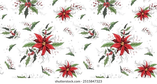 Winter nahtlose Vektor, Blumenmuster. moderner Hintergrund mit Blumen: poinsettia, Holly, Rowan Branch. handgezeichnete Wallpaper im Stil des Realismus. realistische Blumen für Papier, Tapete Design.