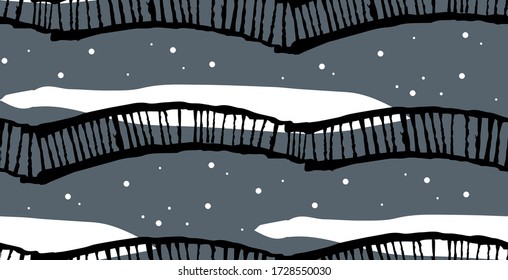 winter seamless vector landscape pattern. graphical decorative hand drawn scenery ornament. gloomy weather. counrtyside view illustration: snow covered fields. cloudy sky with snow falling
