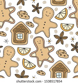 Winter seamless vector pattern. Christmas doodle cartoon illustration with tasty handmade cookies - house, gingerbread, mandarin slice, star anise