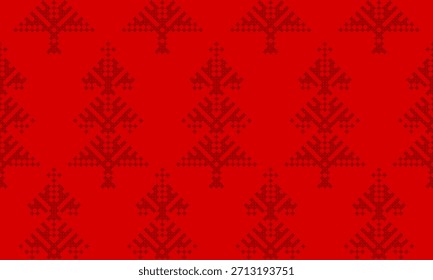Patrón de Vector sin costuras de invierno con árboles de Navidad, patrón de bordado acogedor sobre fondo rojo. Diseño de la superficie para la materia textil, tela, Fondo de pantalla, envoltura, giftwrap, papel, scrapbook y embalaje.