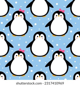 Winter seamless vector pattern with cute cartoon penguin boy and penguin girl and snow falling. Endless light blue background.
