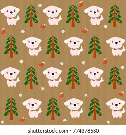 Winter Seamless vector Pattern with cute dog and christmas tree on background like craft paper. Happy New Year and Merry Christmas. Dog year. New Year's Symbol