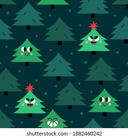 Winter seamless vector pattern with festive forest. Winter forest with decorative fir trees and Christmas tree characters on the dark green background.
