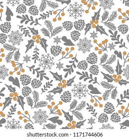 Winter seamless vector pattern with holly berries. Part of Christmas backgrounds collection. Can be used for wallpaper, pattern fills, surface textures,  fabric prints.