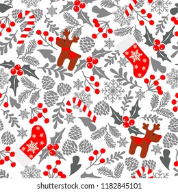 Winter seamless vector pattern with holly berries, candy, deer, christmas socks. Part of Christmas backgrounds collection. Can be used for wallpaper, pattern fills, surface textures,  fabric prints.