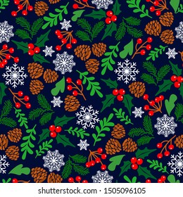 Winter seamless vector pattern with holly berries. Part of Christmas backgrounds collection. Can be used for wallpaper, pattern fills, surface textures,  fabric prints.