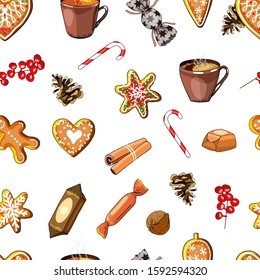 Winter seamless vector pattern with holly berries, tea, gingerbread, nuts. Christmas background. Can be used for wallpaper, pattern fills, surface textures, fabric prints.